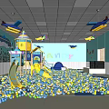 Kindergarten Indoor Play Area with Colorful Ball Pit Slide and Airplane Decorations on Walls