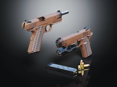 Brown Tactical Pistols With Detailed Grip Magazine And Bullets On Black Surface 3d model