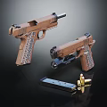 Brown Tactical Pistols With Detailed Grip Magazine And Bullets On Black Surface