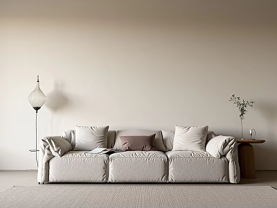 Beige Sofa Set with Plush Pillows Floor Lamp and Side Table Potted Plant 3d model