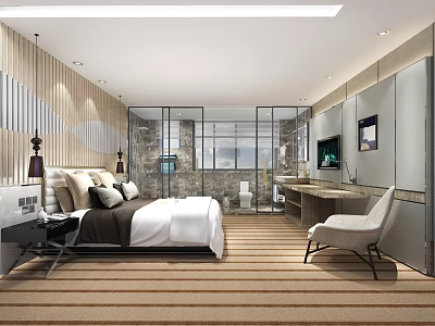 Stylish Modern Hotel Guest Room With King Bed Large Windows Work Desk And Armchair 3d model