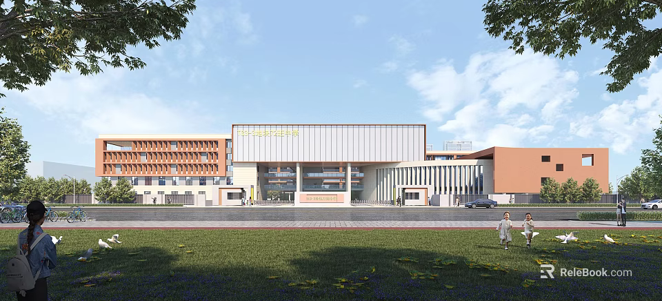 Modern School Building Exterior With Green Lawn Trees And Students Nearby 3d model 