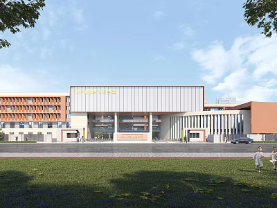 Modern School Building Exterior With Green Lawn Trees And Students Nearby 3d model