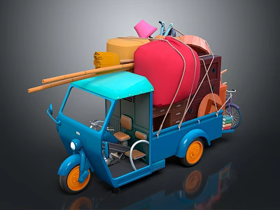 Blue Tricycle Loaded With Red Bag Yellow Box Pink Tools Wooden Sticks And Bicycle Wheel 3d model