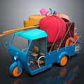 Blue Tricycle Loaded With Red Bag Yellow Box Pink Tools Wooden Sticks And Bicycle Wheel