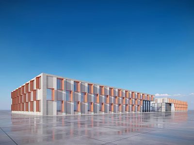 Modern Industrial Park Building Exterior With Blue Sky And Reflective Ground Surface 3d model