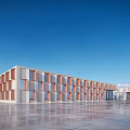Modern Industrial Park Building Exterior With Blue Sky And Reflective Ground Surface