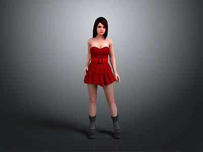 Woman in red strapless belted dress wearing gray boots against gray background 3d model