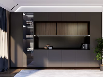 Modern Sideboard with Glass Doors Wooden Cabinets Open Shelf Wine Bottles Decorations Books and Plant 3d model