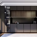 Modern Sideboard with Glass Doors Wooden Cabinets Open Shelf Wine Bottles Decorations Books and Plant
