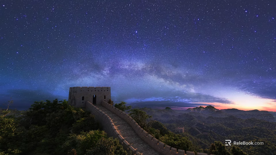 Ancient Great Wall Architecture With Watchtower Under Starry Sky And Milky Way 3d model 