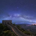 Ancient Great Wall Architecture With Watchtower Under Starry Sky And Milky Way