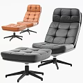 Modern Leather Recliner Chair With Tufted Design Swivel Base And Ottoman In Gray Orange Colors