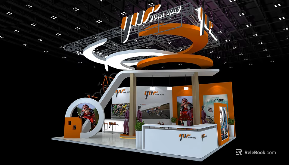 Modern Orange White Exhibition Booth Design With Curved Top Branded Posters Display Areas 3d model 