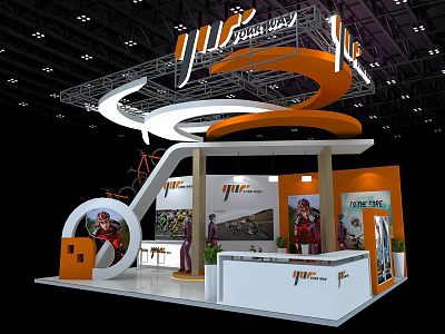 Modern Orange White Exhibition Booth Design With Curved Top Branded Posters Display Areas 3d model