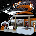Modern Orange White Exhibition Booth Design With Curved Top Branded Posters Display Areas