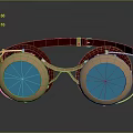 Vintage Brass Frame Goggles With Red Headband And Blue Lenses On Black Surface
