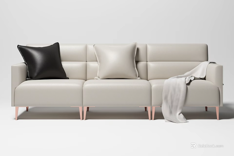 Light Beige Three-Seater Sofa With Black And Beige Cushions Gray Blanket Rose Gold Legs 3d model 