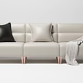 Light Beige Three-Seater Sofa With Black And Beige Cushions Gray Blanket Rose Gold Legs