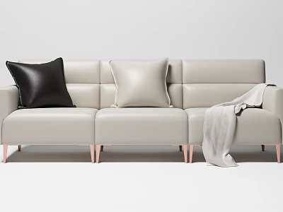 Light Beige Three-Seater Sofa With Black And Beige Cushions Gray Blanket Rose Gold Legs 3d model