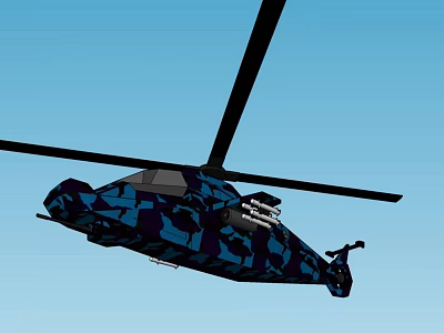 Blue and Black Camouflage Helicopter Flying in Clear Blue Sky 3d model