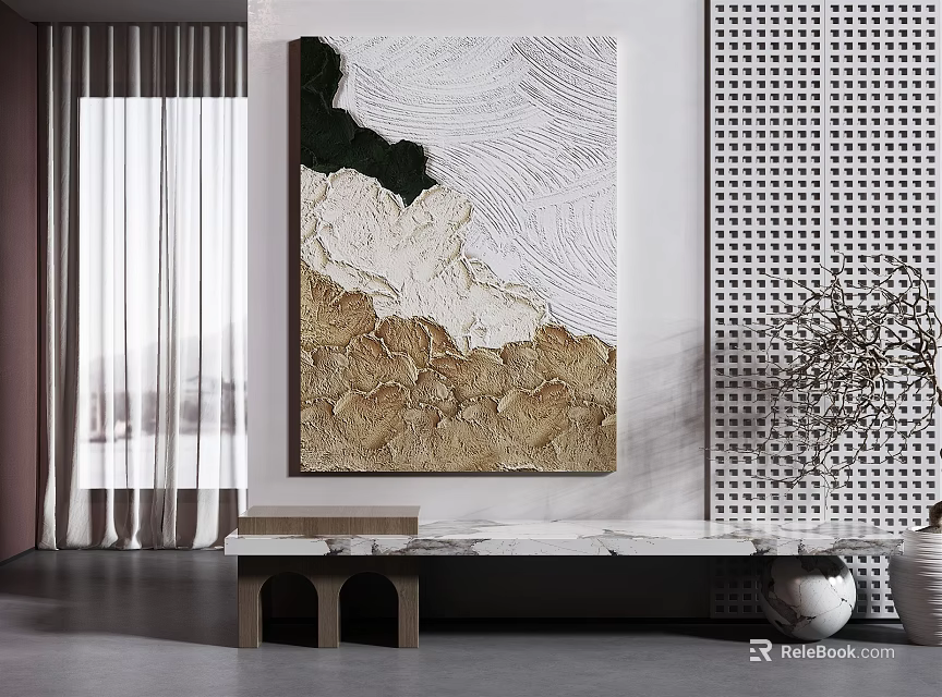 Elegant Interior Space With Large Textured Artwork Perforated Wall Panel And Marble Bench 3d model 