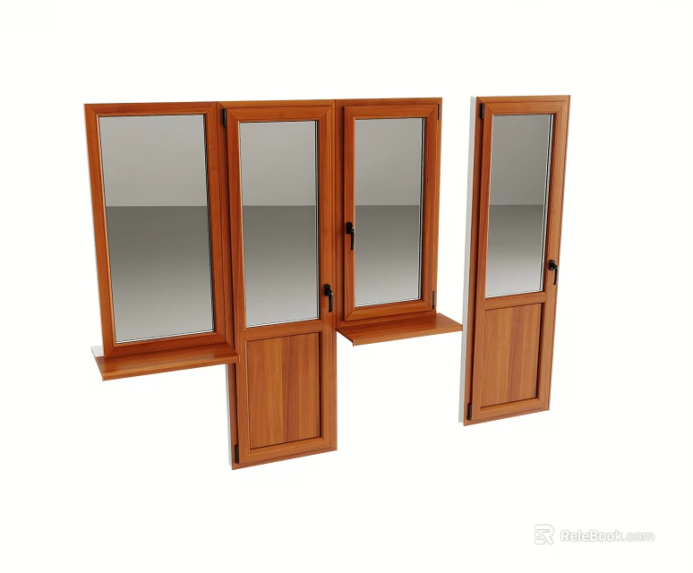 Wooden Swing Doors With Glass Panels Solid Frames And Metal Handles 3d model