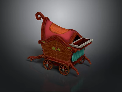Decorative Wooden Cart With Red Fabric Curved Handle Green Cloth Drawer And Wheels 3d model
