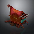 Decorative Wooden Cart With Red Fabric Curved Handle Green Cloth Drawer And Wheels