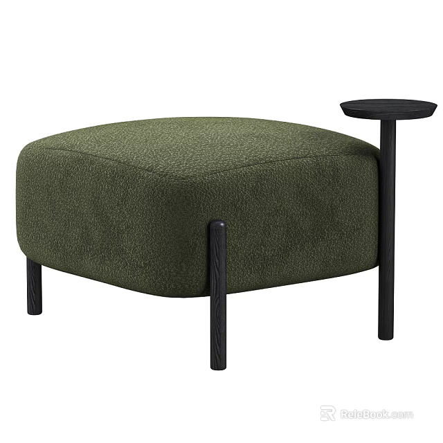 Round Green Upholstered Ottoman With Black Wooden Legs And Small Side Table 3d model 