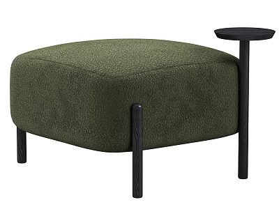 Round Green Upholstered Ottoman With Black Wooden Legs And Small Side Table 3d model