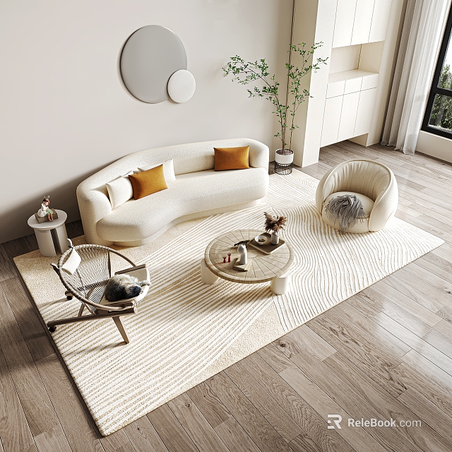 Modern Curved White Sofa and Coffee Table Combination with Accent Chairs Rug and Potted Plant 3d model 
