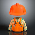 Orange Safety Helmet And Orange Overalls With Green Pattern Tool Pockets Work Clothing