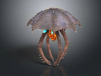 Mysterious Fantasy Creature Featuring Umbrella Top Spikes Spiked Legs Orange Body And Blue Glowing Eyes 3d model