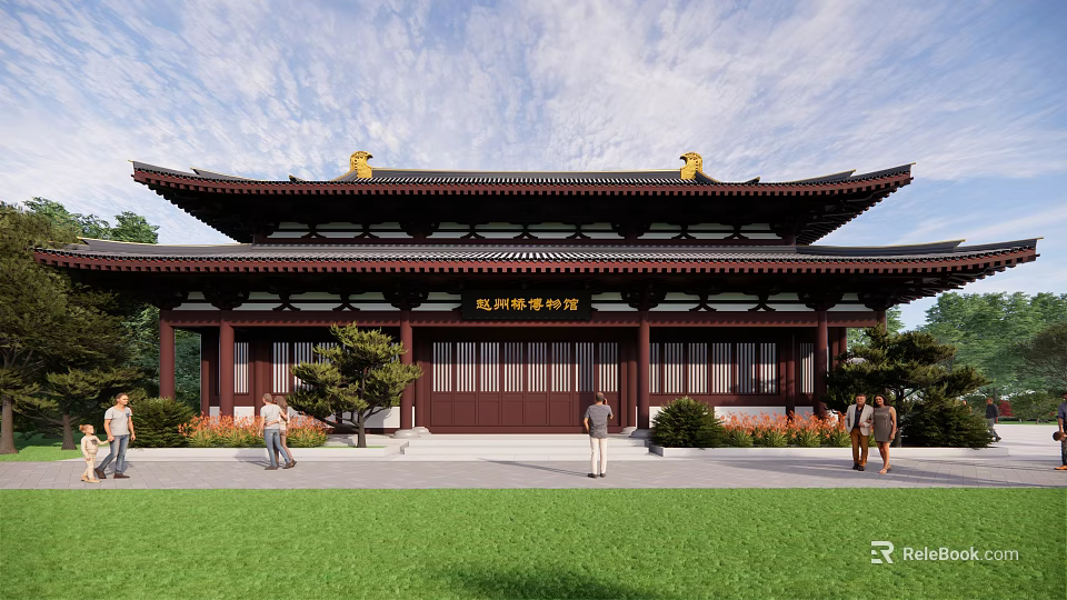 Chinese Ancient Architecture with Curved Eaves Golden Ornaments Wooden Plaque Green Trees People Walking Front 3d model 