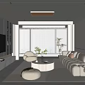 Modern Living Room Interior With Beige Sofa Round Coffee Table Decorative Painting And Large Windows