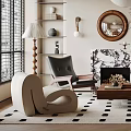 Modern Living Room Interior With Curved Sofa Armchair Marble Fireplace Checkered Rug