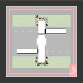 Bus Stop Structure With Red Building White Buses Palm Trees And Green Grass
