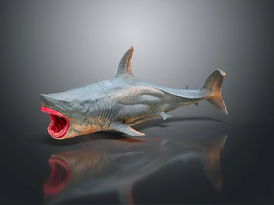 Gray Shark With Open Red Mouth And Reflective Surface On Dark Background 3d model