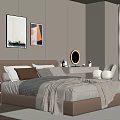 Modern Bedroom Interior With Upholstered Bed Nightstand Accent Chair And Paintings