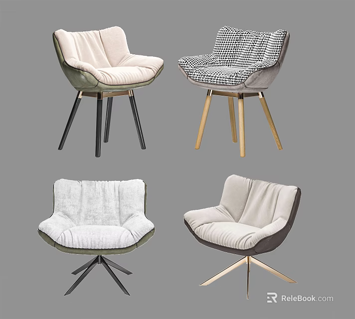 Stylish Leisure Accent Chairs With Plush Fabric Upholstery And Varied Gold Black Wooden Metal Leg Designs 3d model 