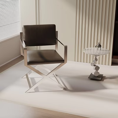 Stylish Black Leather Leisure Chair With Metal Frame And Glass Side Table In Modern Indoor Space 3d model