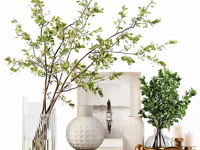 Decorative Ornament Set With Green Leaf Branches White Framed Art Ceramic And Glass Vases 3d model