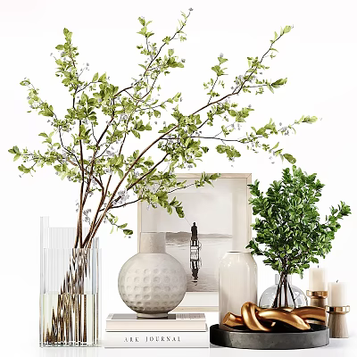 Decorative Ornament Set With Green Leaf Branches White Framed Art Ceramic And Glass Vases 3d model