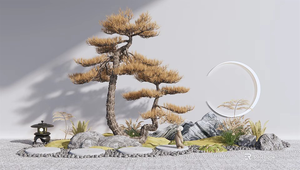 Japanese Style Courtyard Garden with Stylized Pine Tree Moon Shaped Decor Stones Moss and Grasses 3d model 