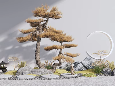 Japanese Style Courtyard Garden with Stylized Pine Tree Moon Shaped Decor Stones Moss and Grasses 3d model