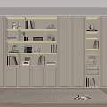 Modern Light Colored Bookshelf with Built in Lighting Cabinets and Decor in Living Room