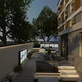 Modern Garden Landscape With Stone Paving Green Plants Lighting Water Feature And Building Facade