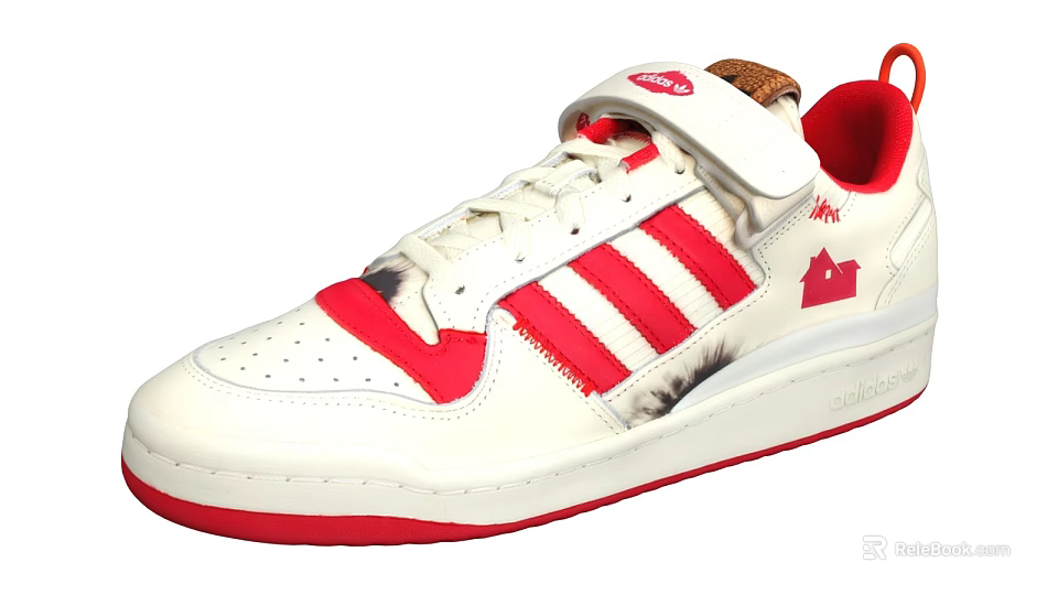 White And Red Sneakers With Velcro Strap Cork Tongue Red Stripes And House Graphic 3d model 