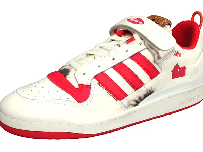 White And Red Sneakers With Velcro Strap Cork Tongue Red Stripes And House Graphic 3d model
